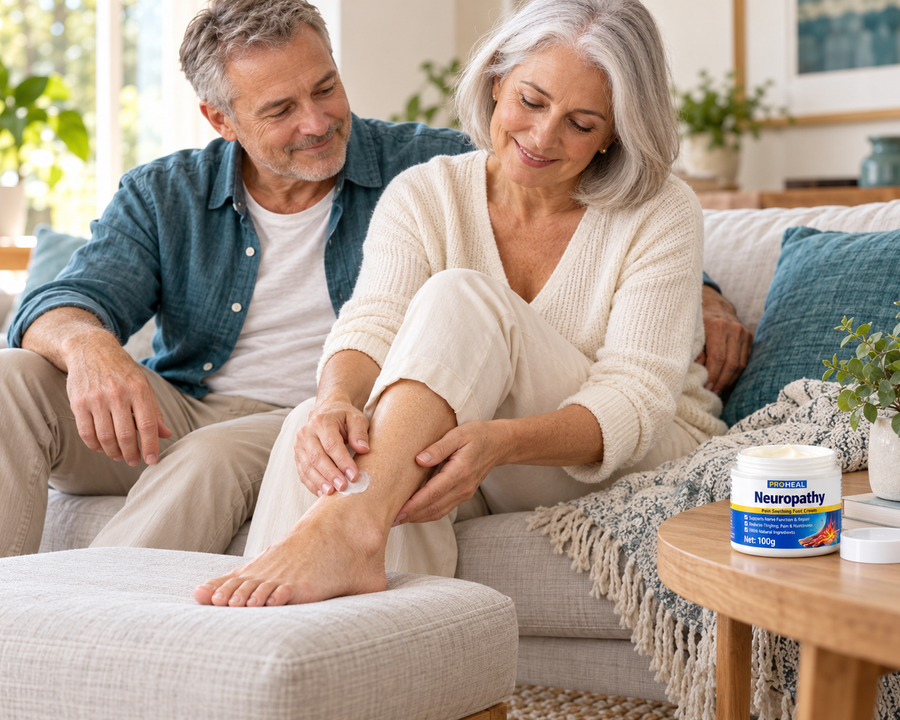 Lifestyle illustration of a mature couple relaxing at home during a ProHeal foot-care routine
