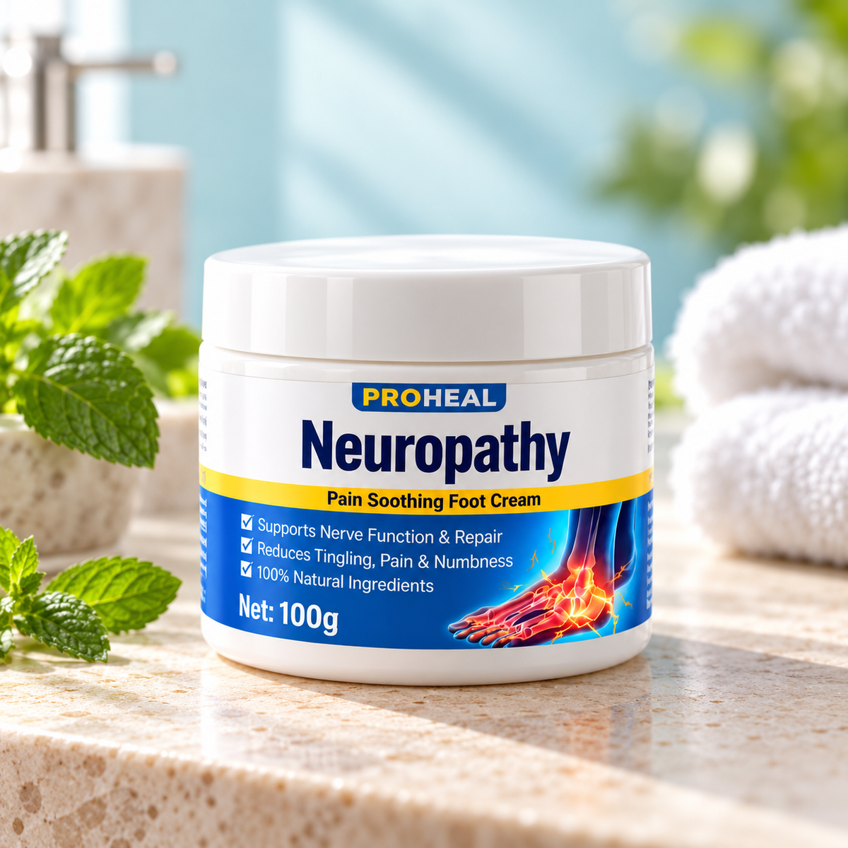 ProHeal Neuropathy 100g foot cream on a light stone counter with mint leaves